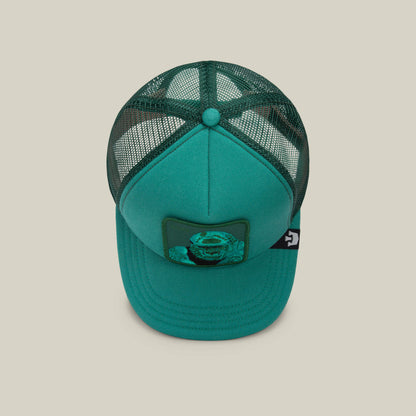 The Goorin Bros. Lil Boss is a green mesh snapback baseball cap featuring a front patch with a frog illustration, shown from above on a plain background.