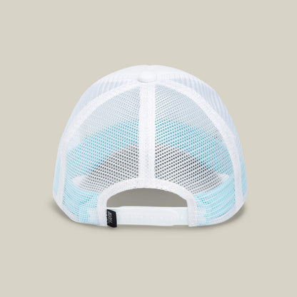 Back view of the Goorin Bros. Lil Pantherino kids cap featuring white mesh, an adjustable snapback, and a small black tag at the bottom, set against a plain beige background.