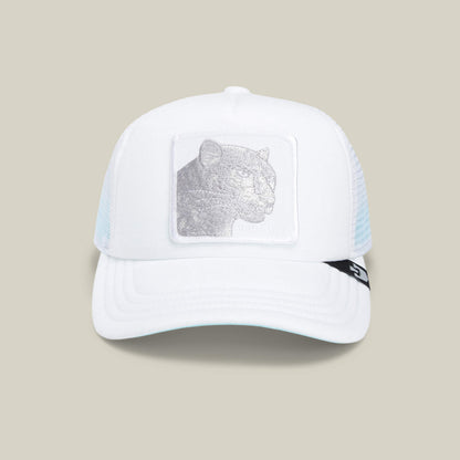 The Lil Pantherino by Goorin Bros. is a white mesh trucker hat with a breathable design, featuring an embroidered panther patch on the front and a black logo tag on the right side of the brim.