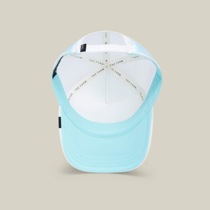 A light blue and white mesh kids cap, Lil Pantherino by Goorin Bros., viewed from above reveals THE FARM printed on the inner seams. Its breathable design ensures all-day comfort.