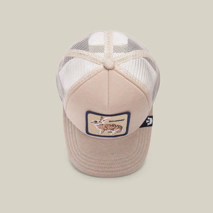 The OK Zoomer by Goorin Bros. is a beige mesh hat with a breathable back and a front embroidered patch showing a jackrabbit and the word "Zooner.