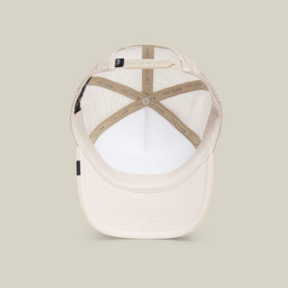 The Cuddle Time cap by Goorin Bros. is shown from above, featuring a mesh back, adjustable strap, and interior labels with THE FARM text.