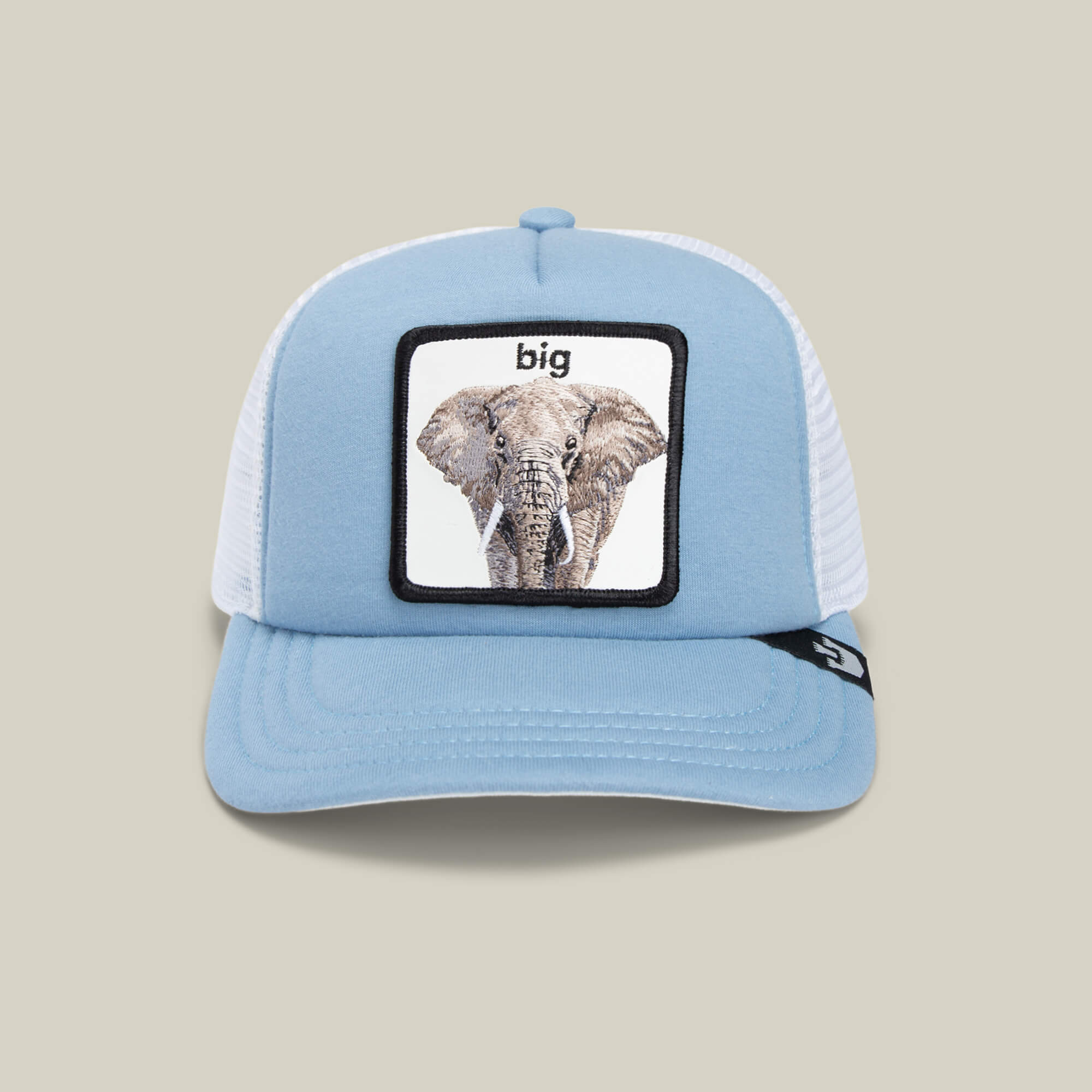 The So Big cap by Goorin Bros. is a kids’ light blue and white hat with a sky blue mesh back and an embroidered elephant patch, featuring the word “big” above it.