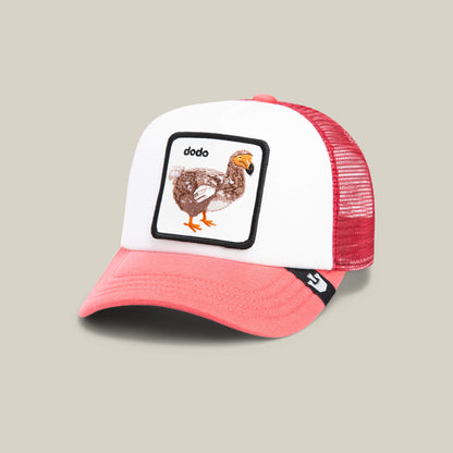 The Dodo Kiddo by Goorin Bros. is a white and pink mesh cap for kids, featuring a front patch with an embroidered dodo and "dodo" text—perfect for little explorers.