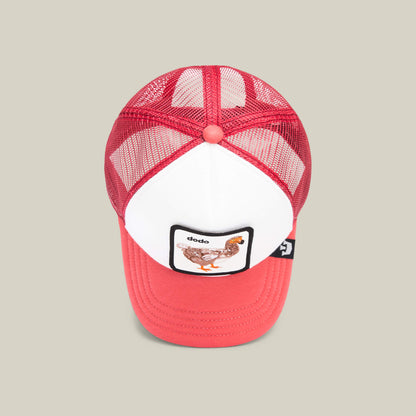 The Dodo Kiddo by Goorin Bros. is a red and white kids’ mesh cap with an embroidered dodo patch featuring a charming dodo illustration and the word "dodo" on the front.
