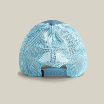 The BG2 - Doom (KIDS) by Goorin Bros. is a light blue mesh baseball cap, seen from the back with an adjustable plastic snap closure, inspired by kids’ aviator style, set against a neutral background.