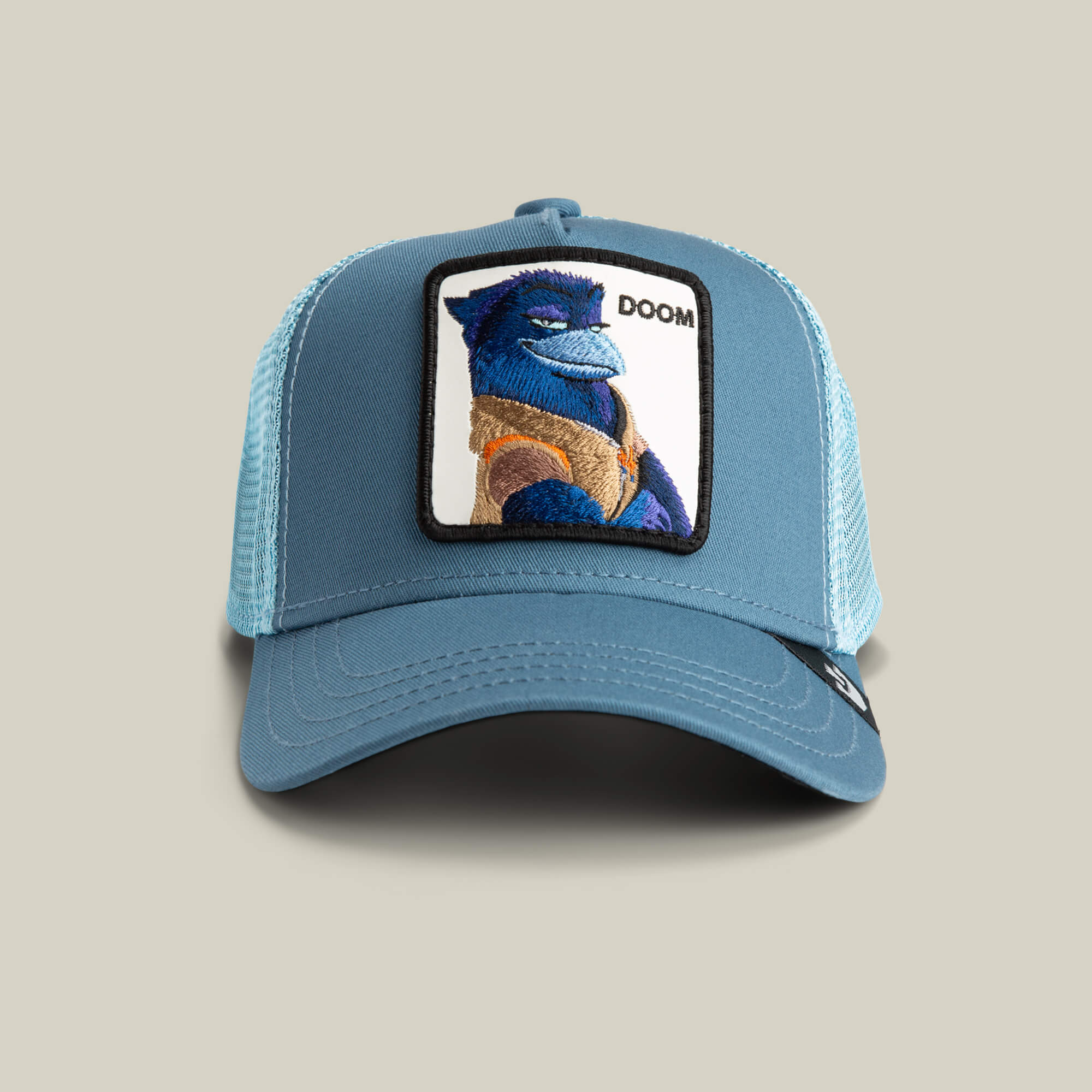 The Goorin Bros. BG2 - Doom (KIDS) hat in Sky features a mesh back and a front patch with an illustrated blue cat in a brown jacket catching big air, plus the word DOOM.