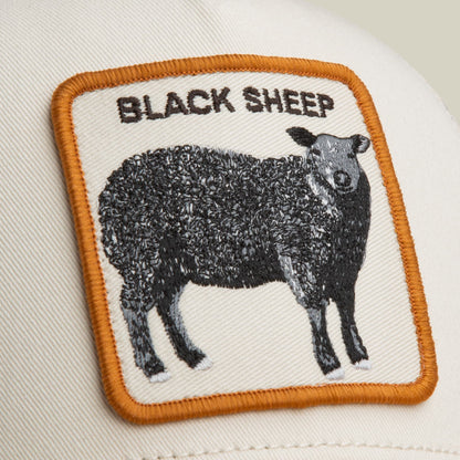 The Goorin Bros. Black Sheep Trucker Mini features an embroidered black sheep graphic on a cream cotton patch with an orange mesh back and matching orange border trim.