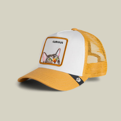 The Goorin Bros. Curious Cat Mini trucker hat features a white front panel with an embroidered cat patch labeled "CURIOUS," yellow mesh back, and gold brim with a black accent stripe, displayed against a neutral background.