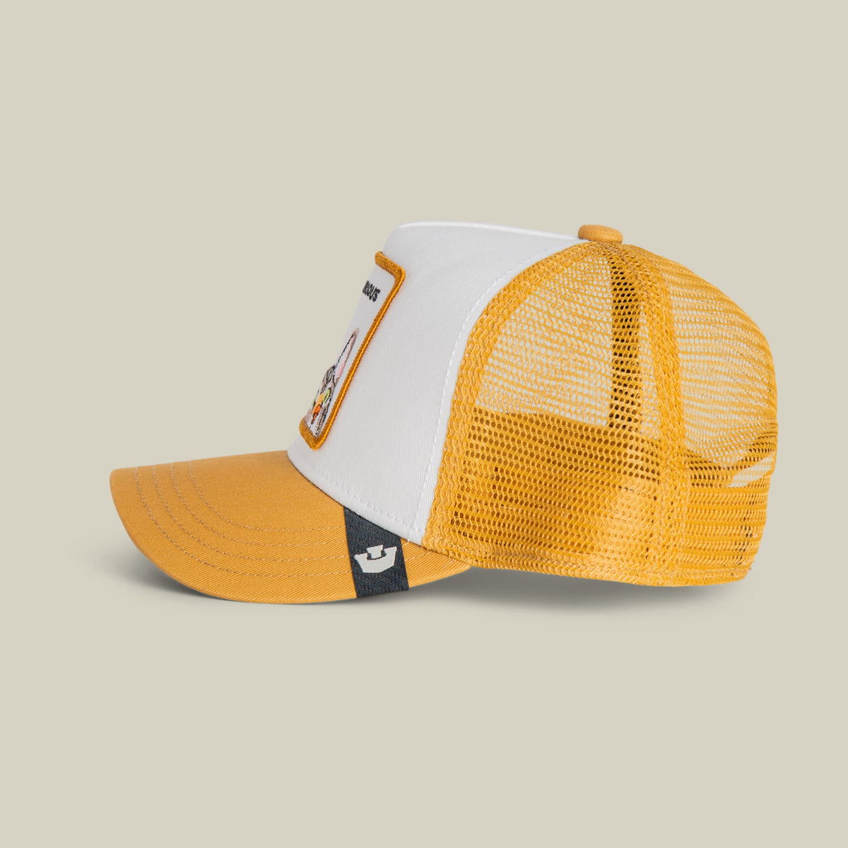 The Goorin Bros. Curious Cat Mini trucker hat features a white front panel with embroidered cat patch, yellow mesh back, and yellow bill with black stripe, displayed against a neutral background.