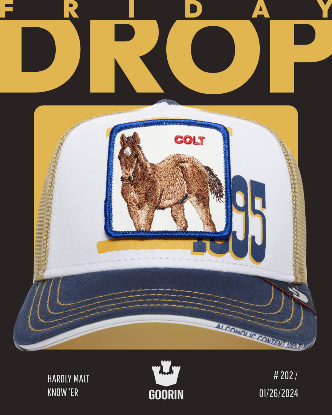 A trucker hat featuring a patch of a colt, the text COLT, number 1995, and Goorin branding—FRIDAY DROP highlights bold hat designs for standout style.