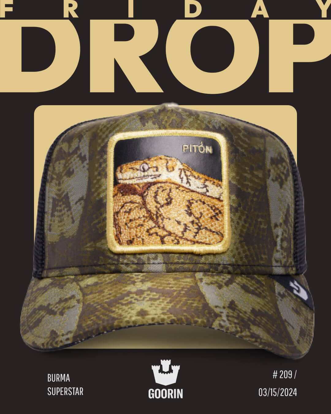 A camouflage trucker hat with a yellow snake patch labeled Pitón, part of our bold hat designs collection, is displayed against a black and yellow background featuring Friday Drop text.