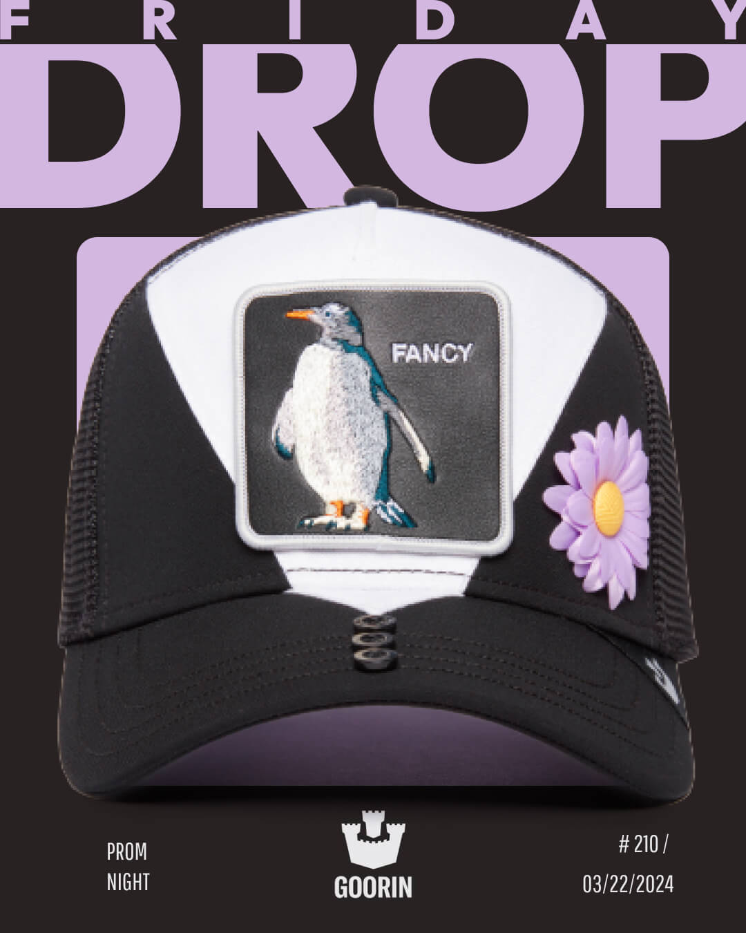 A black and white trucker hat with a penguin patch labeled FANCY and a purple flower, displayed against a purple and black graphic background with text—perfect for those who love bold hat designs.