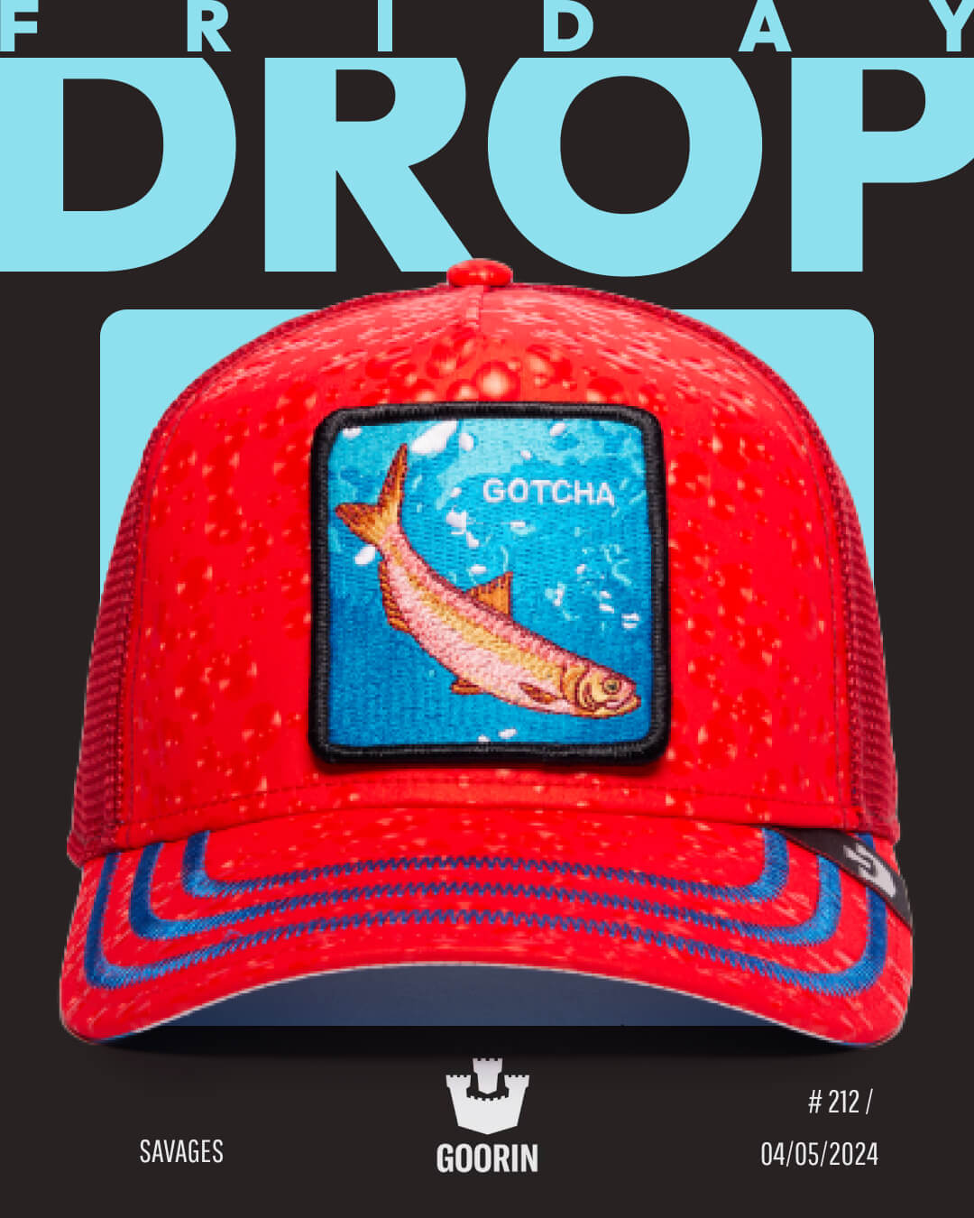 A red Goorin trucker hat featuring a fish patch with the word GOTCHA embodies bold hat designs, displayed against a black and blue background with text reading FRIDAY DROP.