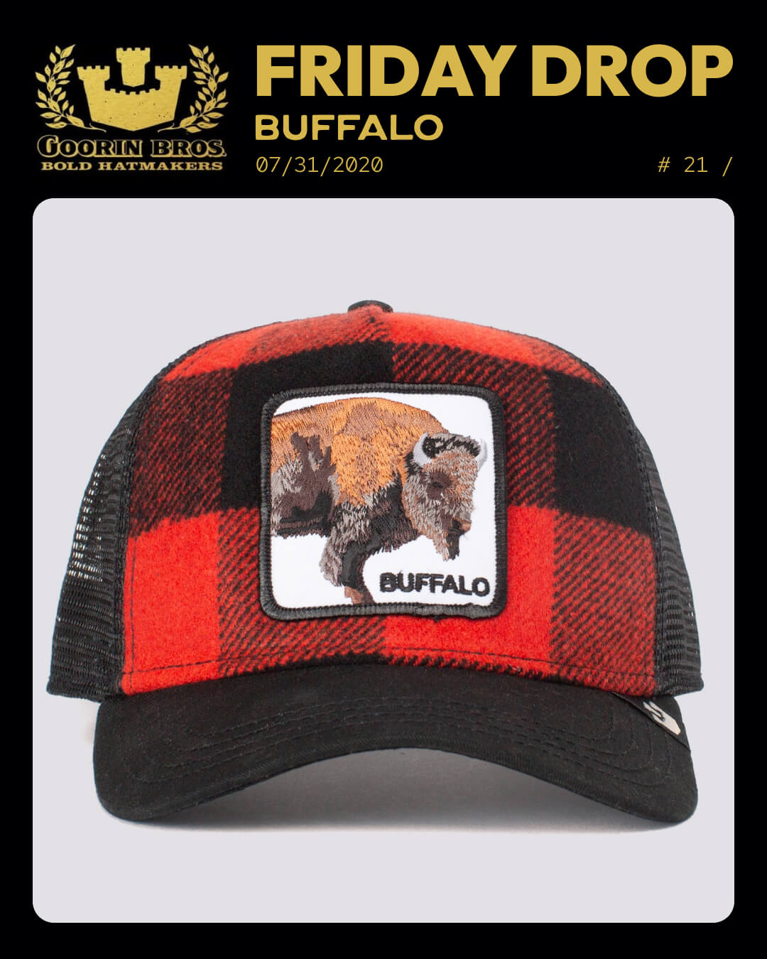 Red and black plaid mesh trucker hat featuring a patch with a buffalo image and "BUFFALO" embroidered below it. This American made, durable hat is perfect for everyday wear.