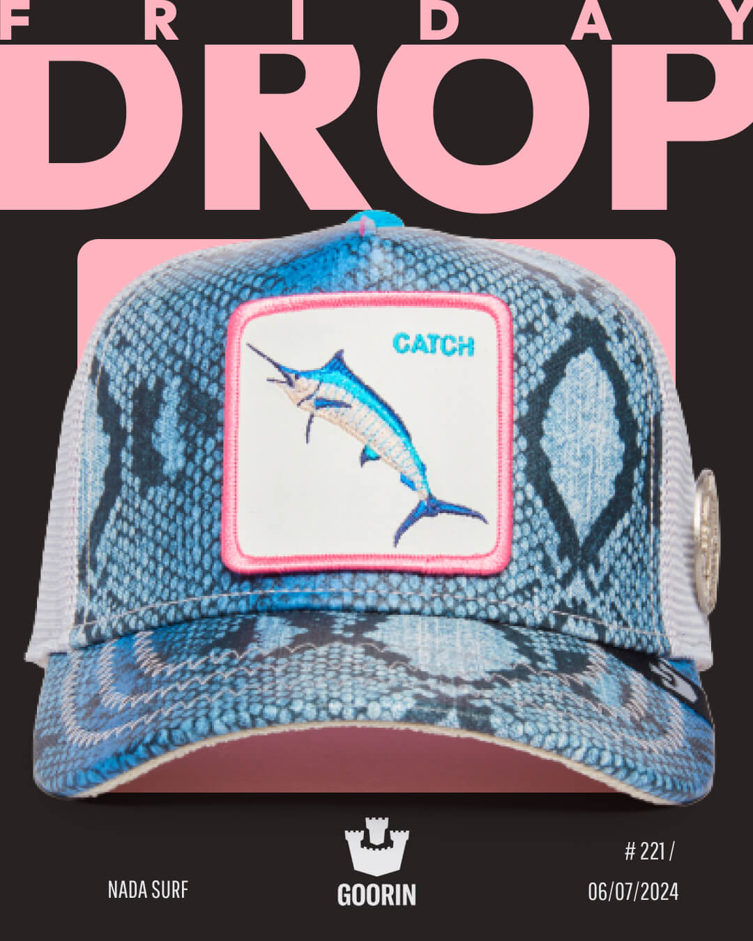 A Goorin trucker hat with a blue marlin patch labeled CATCH and a blue snakeskin pattern, displayed against a graphic background reading FRIDAY DROP. Discover standout trucker hats that outshine classic fedora hats.