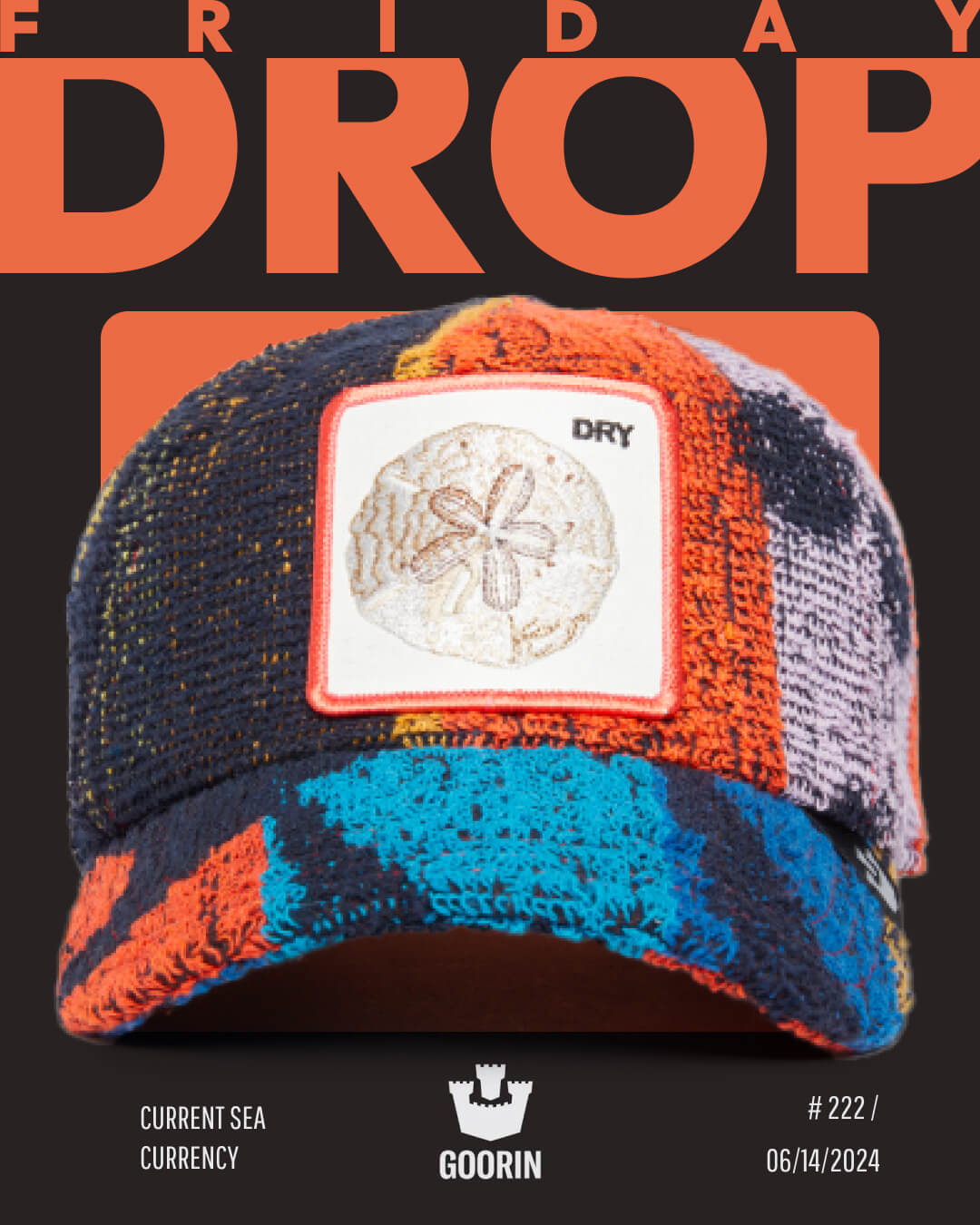 A multicolored patchwork cap with a sand dollar patch on the front showcases bold hat designs, set against an orange and black background featuring the text Friday Drop.