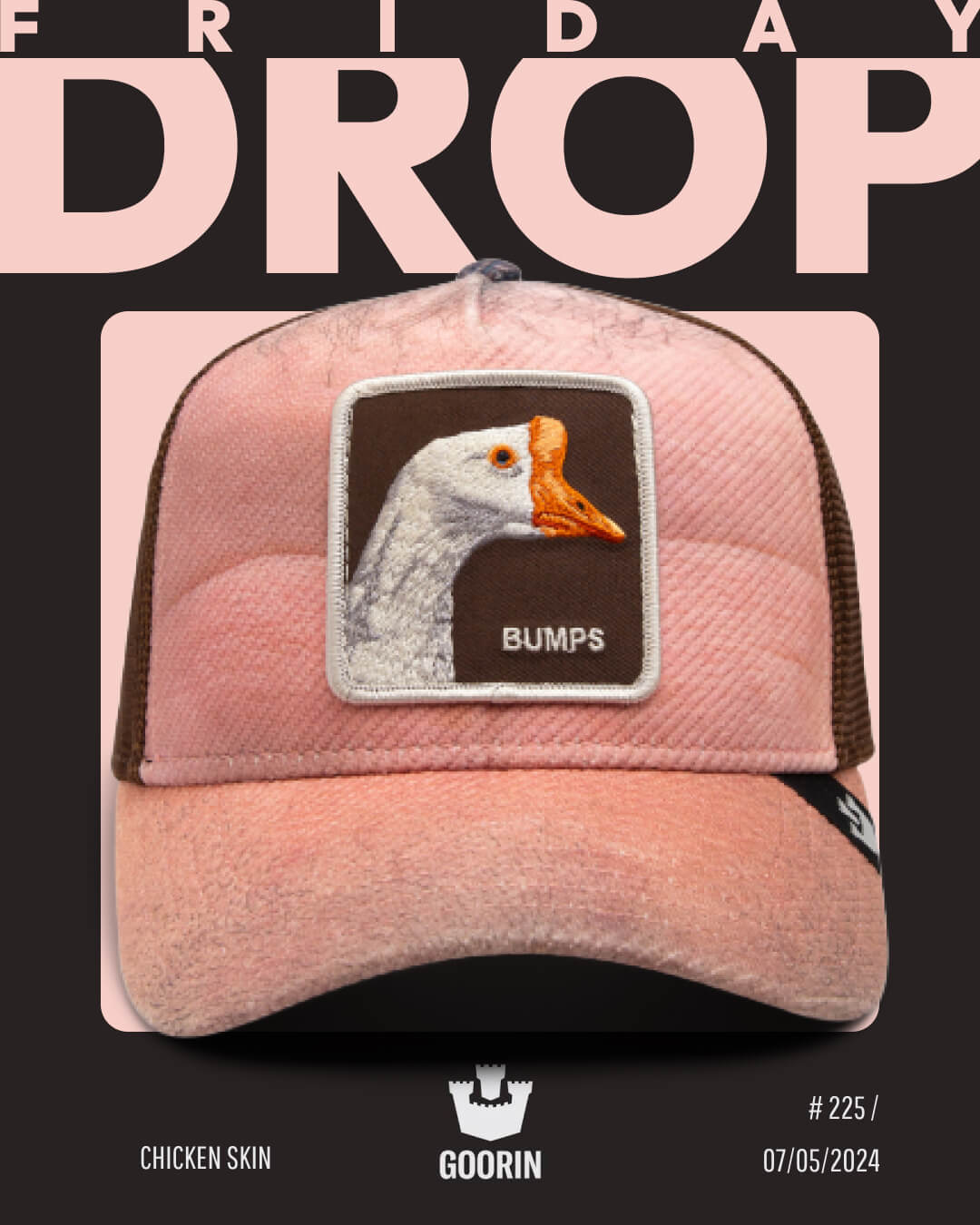 A trucker hat with a goose head patch and the word BUMPS is displayed against a graphic FRIDAY DROP background. Goorin's bold hat designs and brand name appear at the bottom, highlighting their reputation for durable hats.