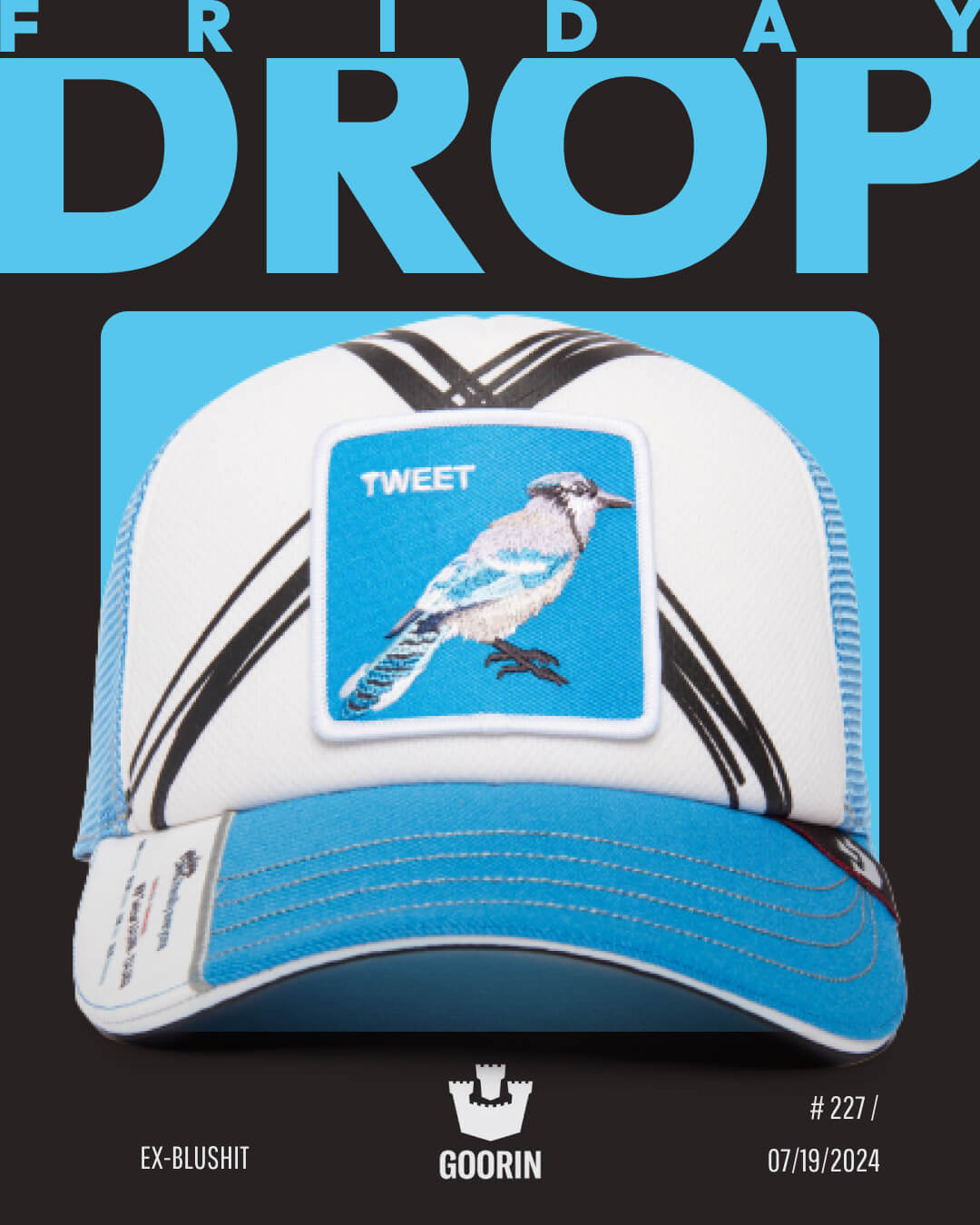A blue and white trucker hat with a patch showing a bird and the word TWEET is displayed against a blue and black background with the words FRIDAY DROP, showcasing one of our bold hat designs.