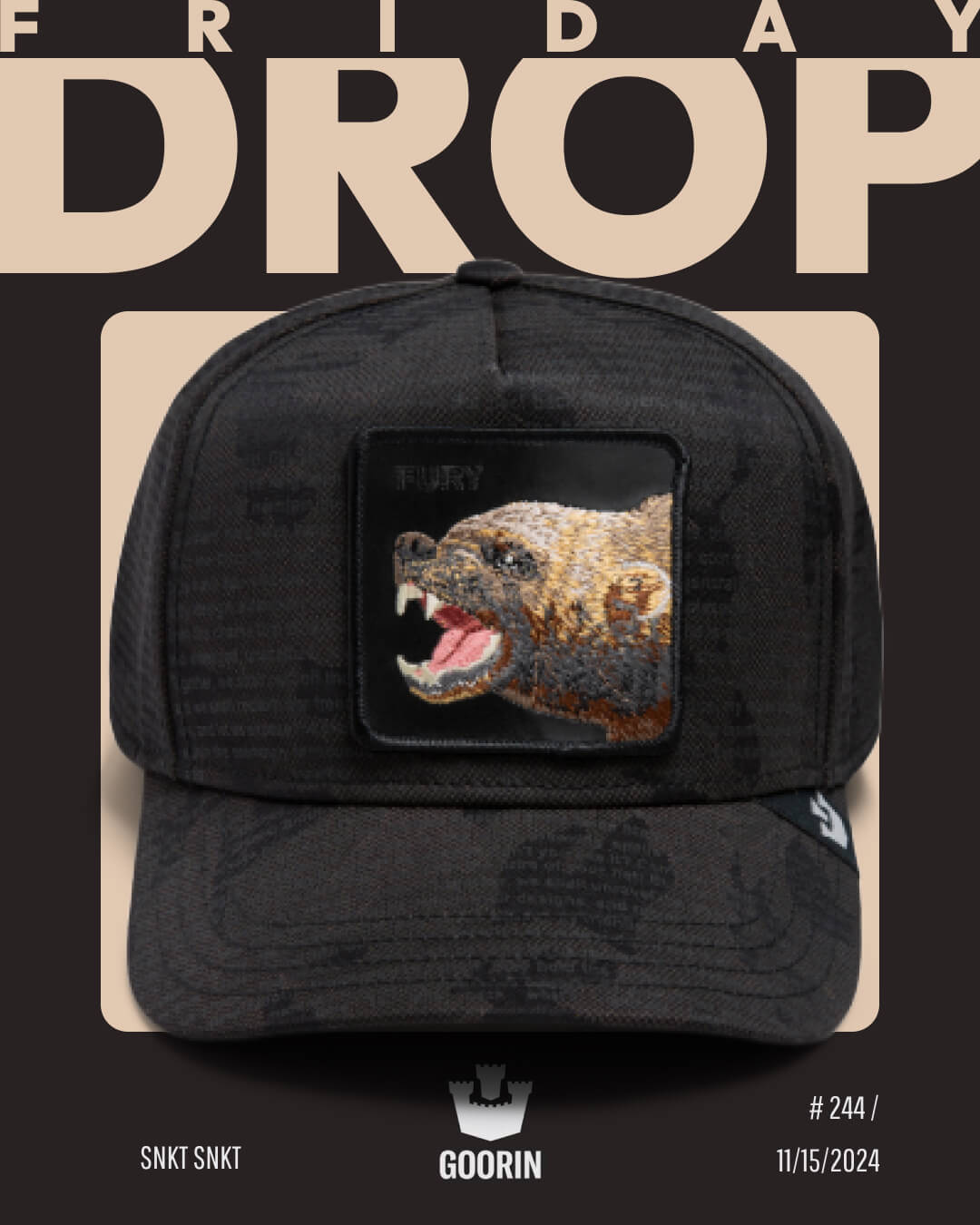 A black Goorin trucker hat with an embroidered patch of a snarling wolverine and the word FURY, displayed on a graphic background promoting this bold American made piece for a Friday release.