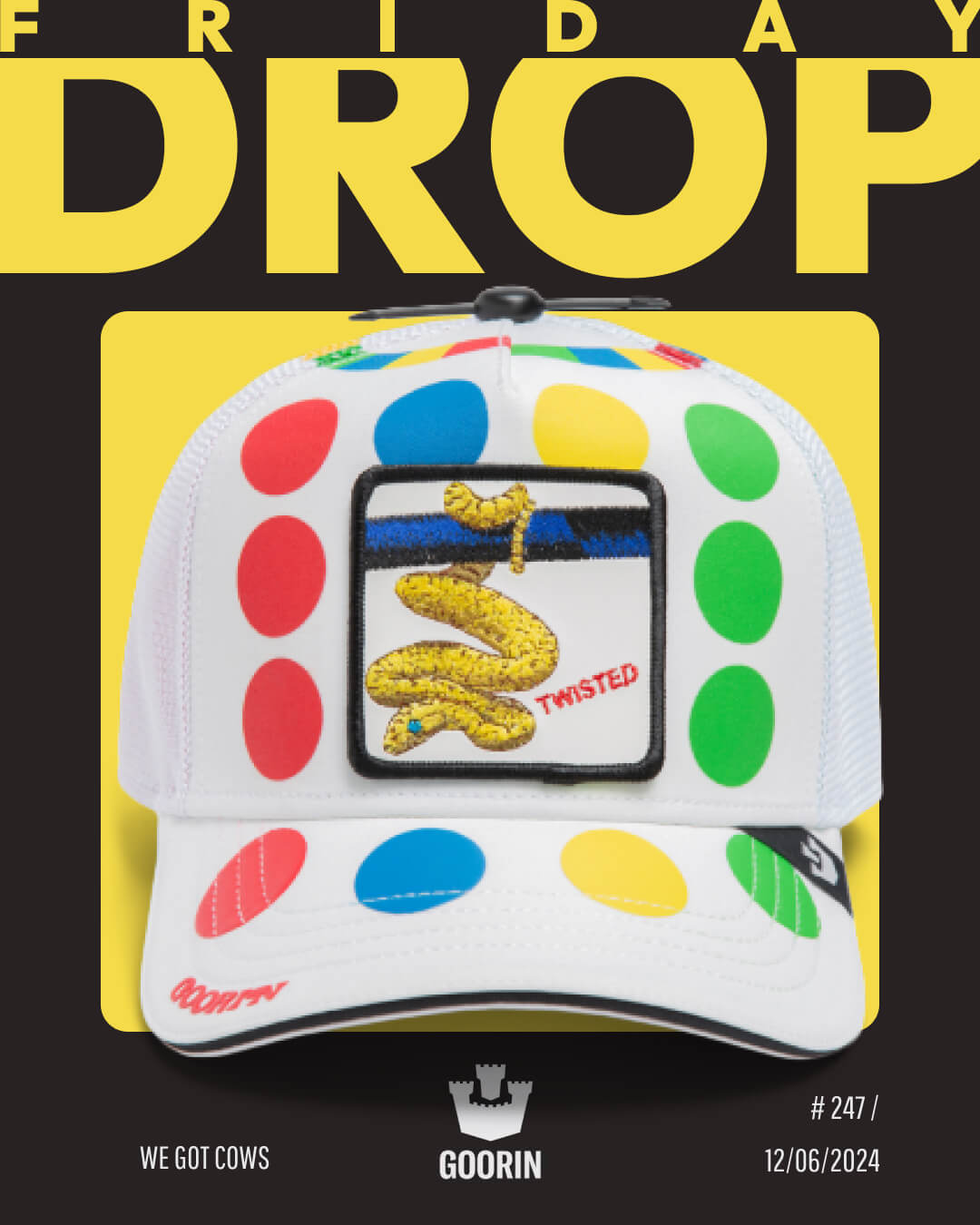 A white mesh trucker hat with colorful Twister game spots and a yellow snake patch labeled TWISTED, displayed against a yellow and black background. Text reads: FRIDAY DROP, GOORIN, and date—perfect for fans of stylish, durable hats.