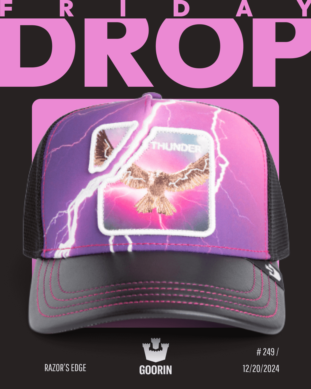 A bold FRIDAY DROP from Goorin: this American made trucker hat features an eagle and purple lightning design labeled THUNDER, perfect for fans of standout trucker hats.