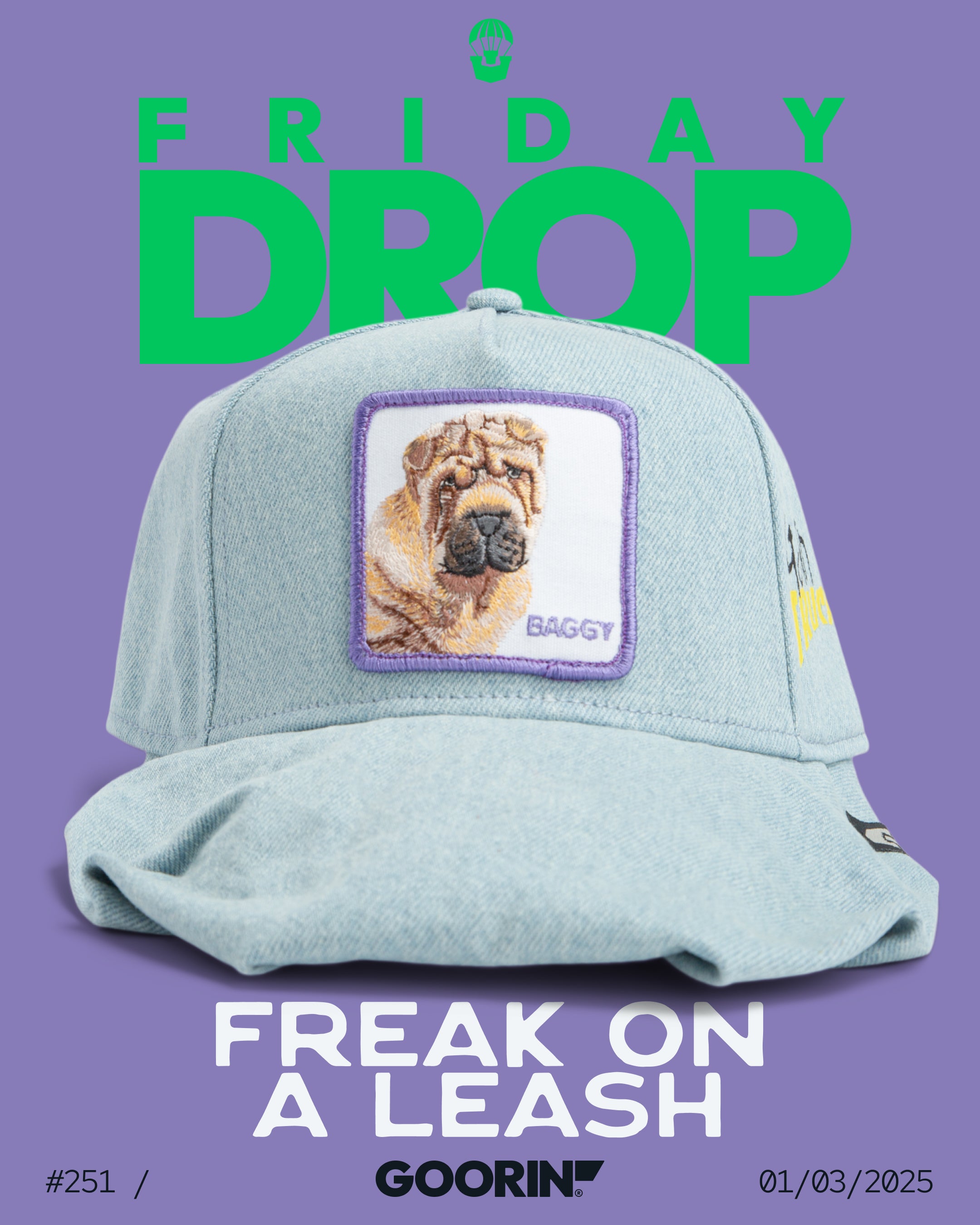 A light blue cap with a patch of a Shar Pei dog labeled BAGGY is displayed on a purple background, showcasing Friday Drop and Freak On A Leash—perfect for fans of bold hat designs.