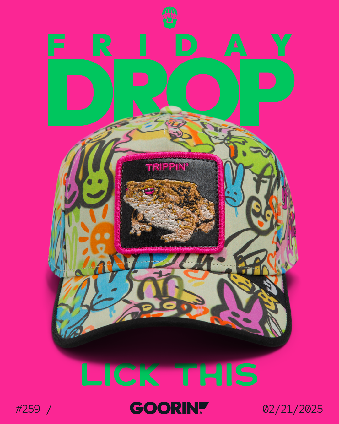 A colorful cap with cartoon bunnies and a toad patch is displayed on a bright pink background, highlighting FRIDAY DROP, LICK THIS, and GOORIN’. Discover bold hat designs that stand out in any collection.