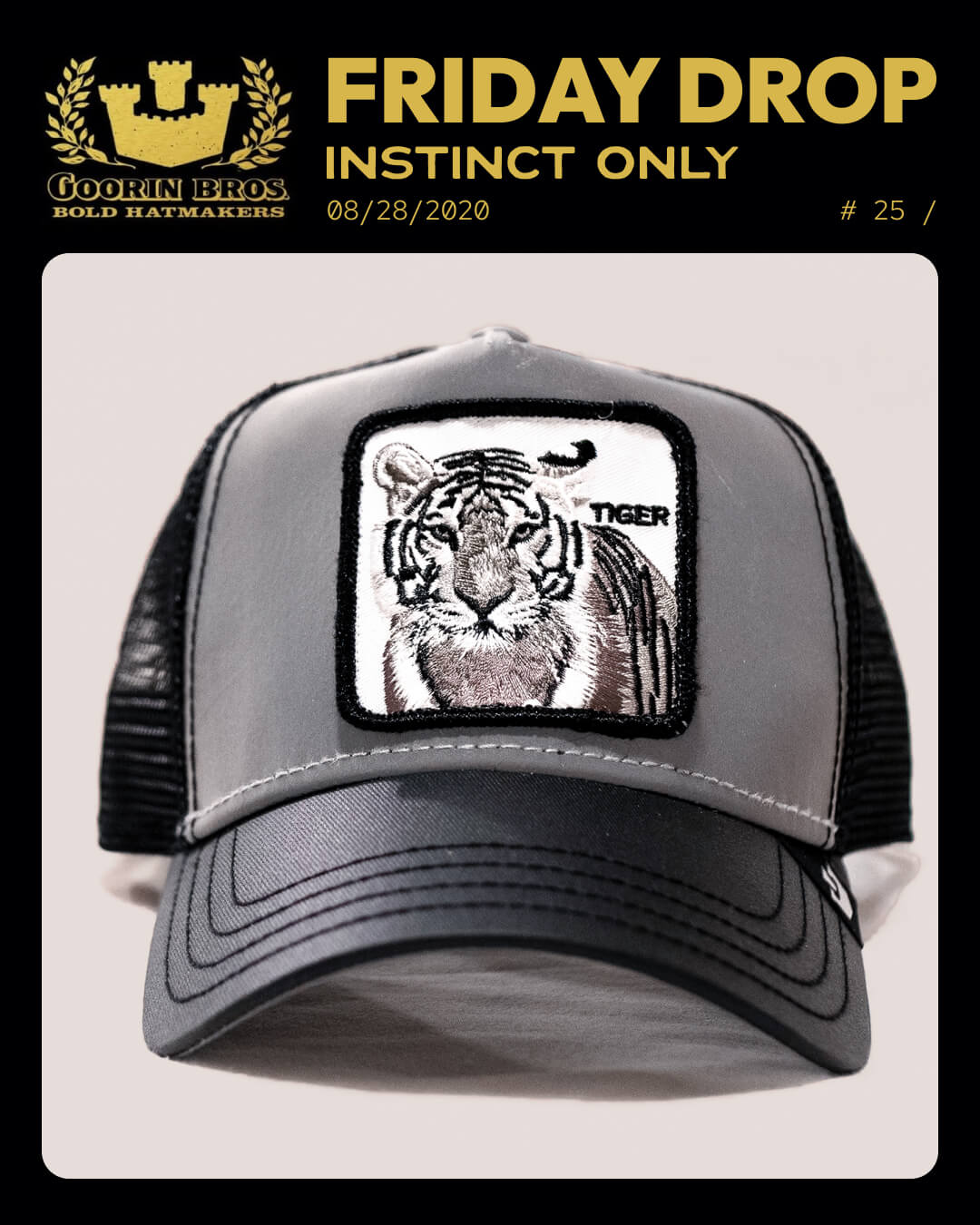 A gray and black Goorin trucker hat with a patch featuring an embroidered tiger face and the word TIGER is displayed against a light background, showcasing the brand’s durable hats.