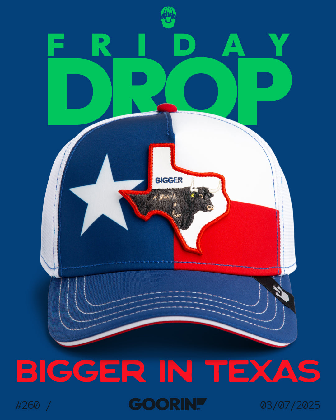 A bold trucker hat featuring a Texas flag design and a "Bigger" bear patch shaped like Texas, set against a blue background with the text: Friday Drop and Bigger in Texas. Perfect for fans of durable hats and bold hat designs.