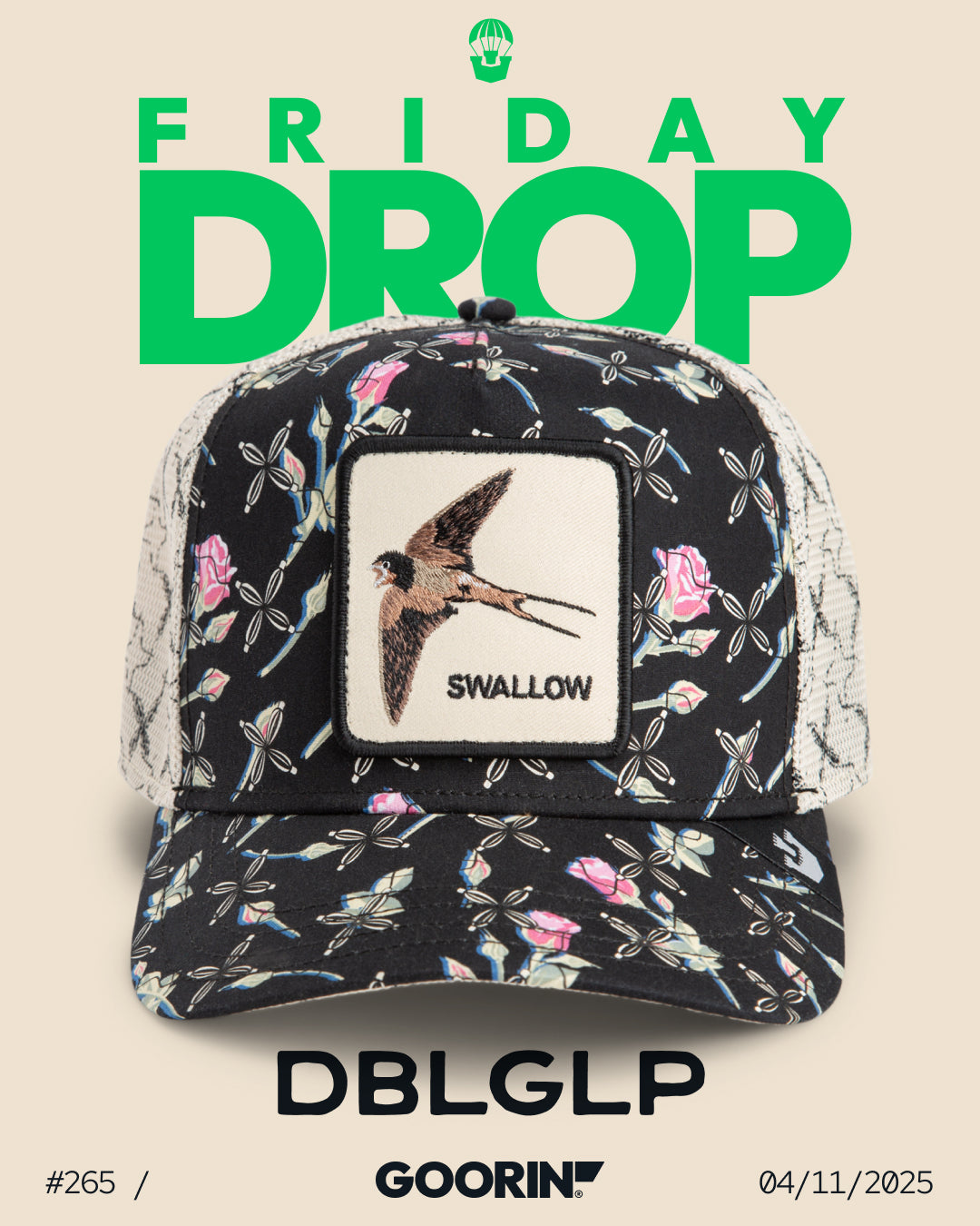 A floral-patterned baseball cap, inspired by classic trucker hats, features a patch with a swallow bird and the word SWALLOW, displayed under FRIDAY DROP with branding and date details.