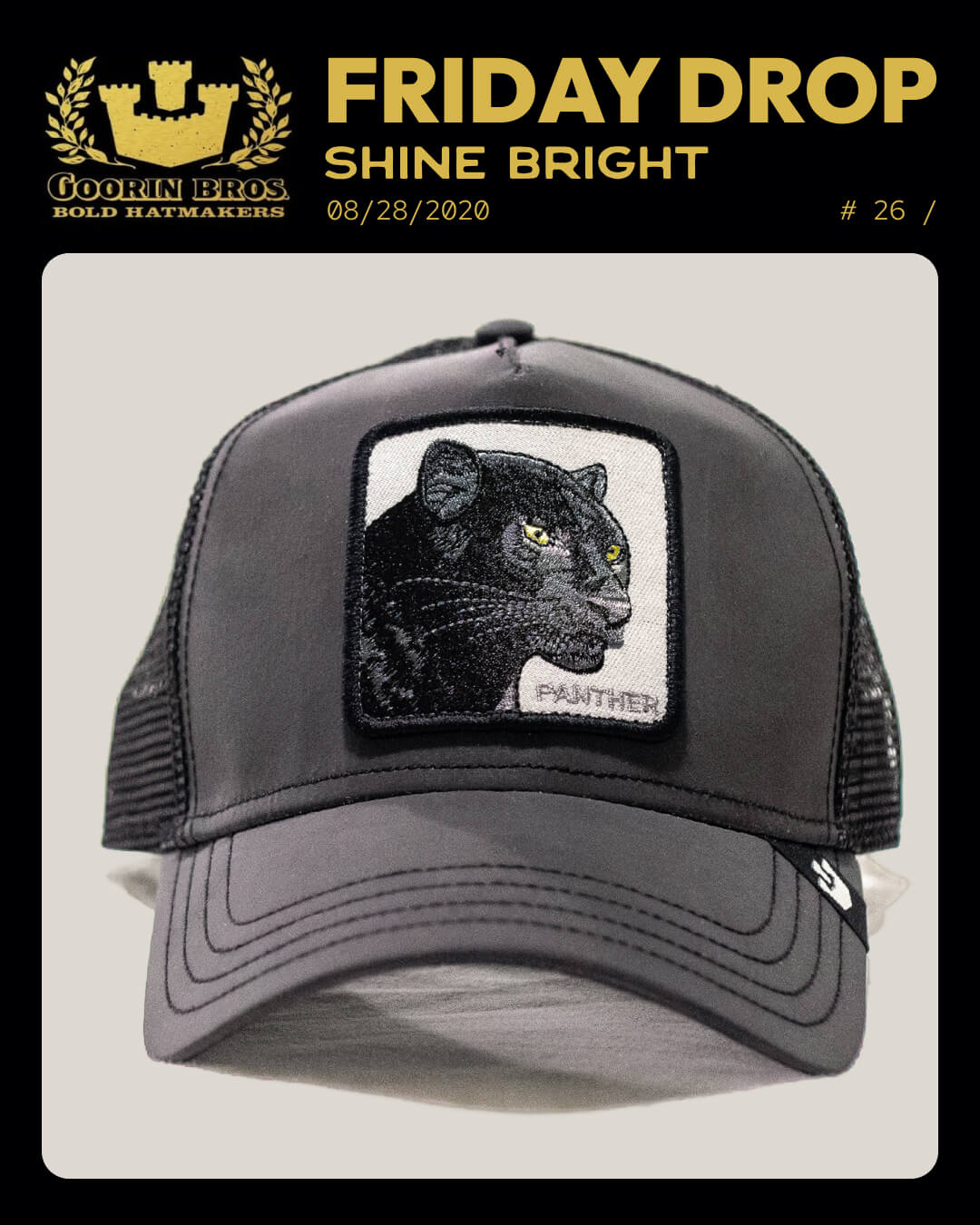 A black trucker hat from Goorin features an embroidered patch of a panther's head with "PANTHER" underneath, exemplifying bold hat designs on a stylish promotional background.