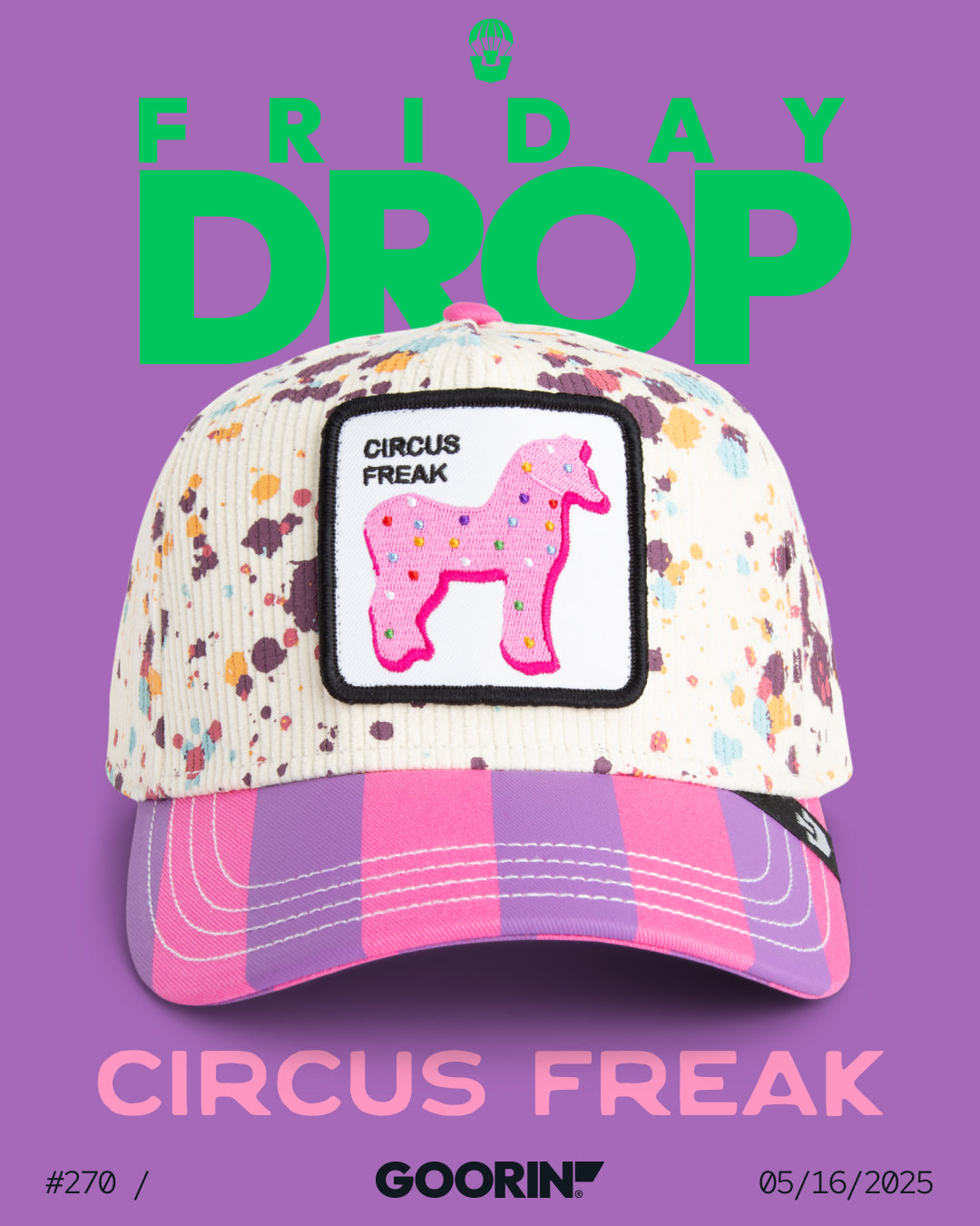 A multicolored speckled cap with a pink and white checkered brim and a patch reading Circus Freak is shown against a purple background with green and white text, highlighting bold hat designs for Friday’s trucker hats drop.