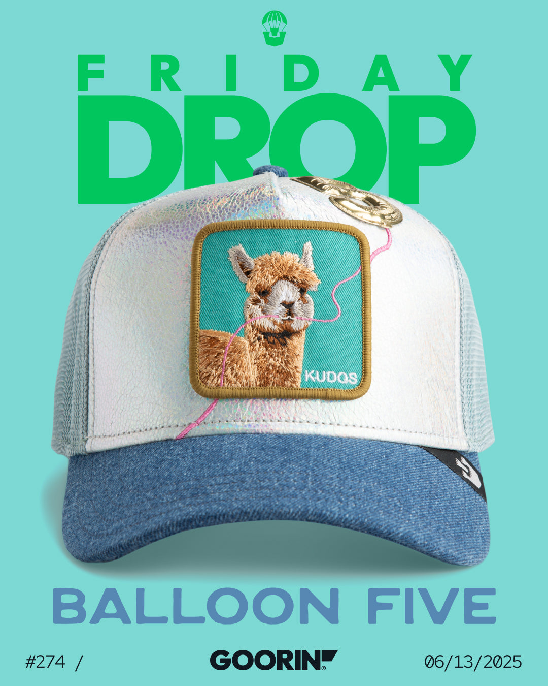 A blue and white Goorin Bros. trucker hat with an alpaca patch and a balloon pin is displayed against a turquoise background with promotional text for a Friday drop.