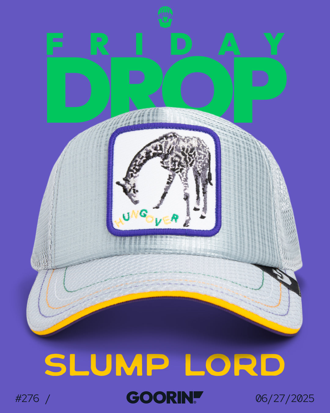 A gray Goorin cap with a patch showing a drooping giraffe labeled HUNGOVER is displayed against a purple background with green text reading FRIDAY DROP, adding playful flair to your collection of durable hats.