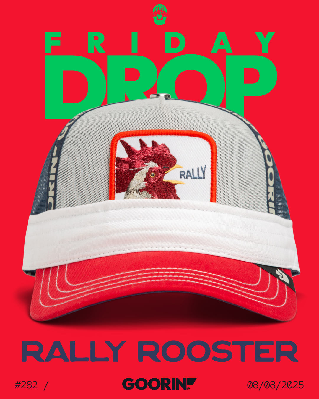 A durable hat, this trucker hat features a rooster patch labeled RALLY, set against a red background with bold green and white text reading FRIDAY DROP and RALLY ROOSTER—perfect for fans of bold hat designs.