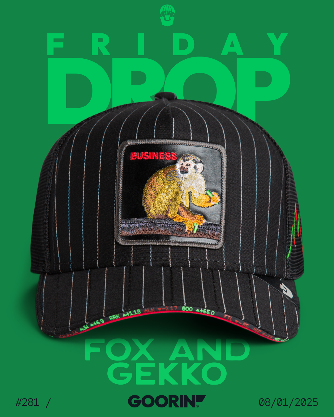 A black pinstripe Goorin baseball cap with a patch showing a monkey labeled Business, displayed on a green background with Friday Drop and Fox and Gekko text. Durable hats for style that stands out.