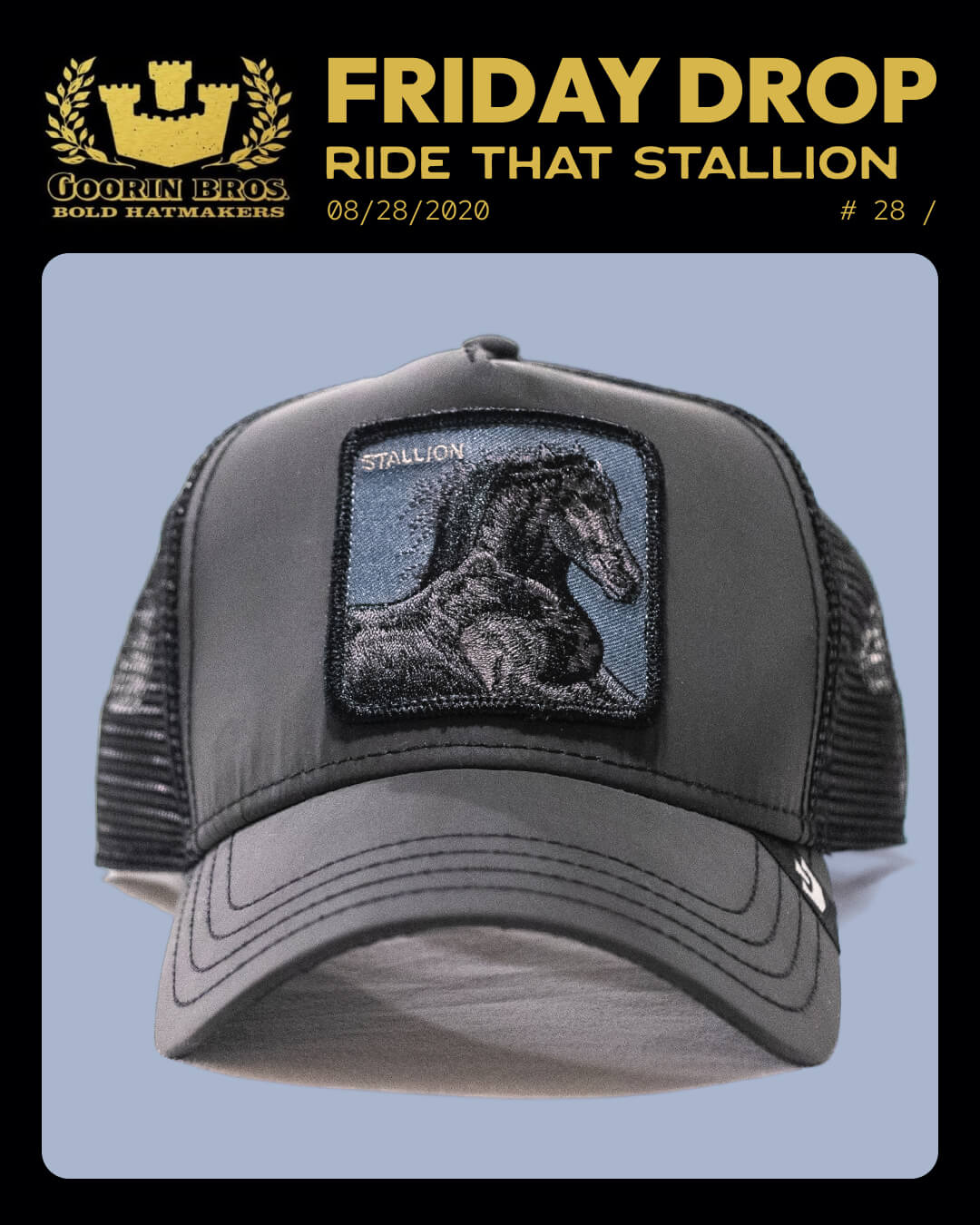 A gray trucker hat, American made, features a patch with a black stallion and the word STALLION embroidered above it, displayed against a light blue background.