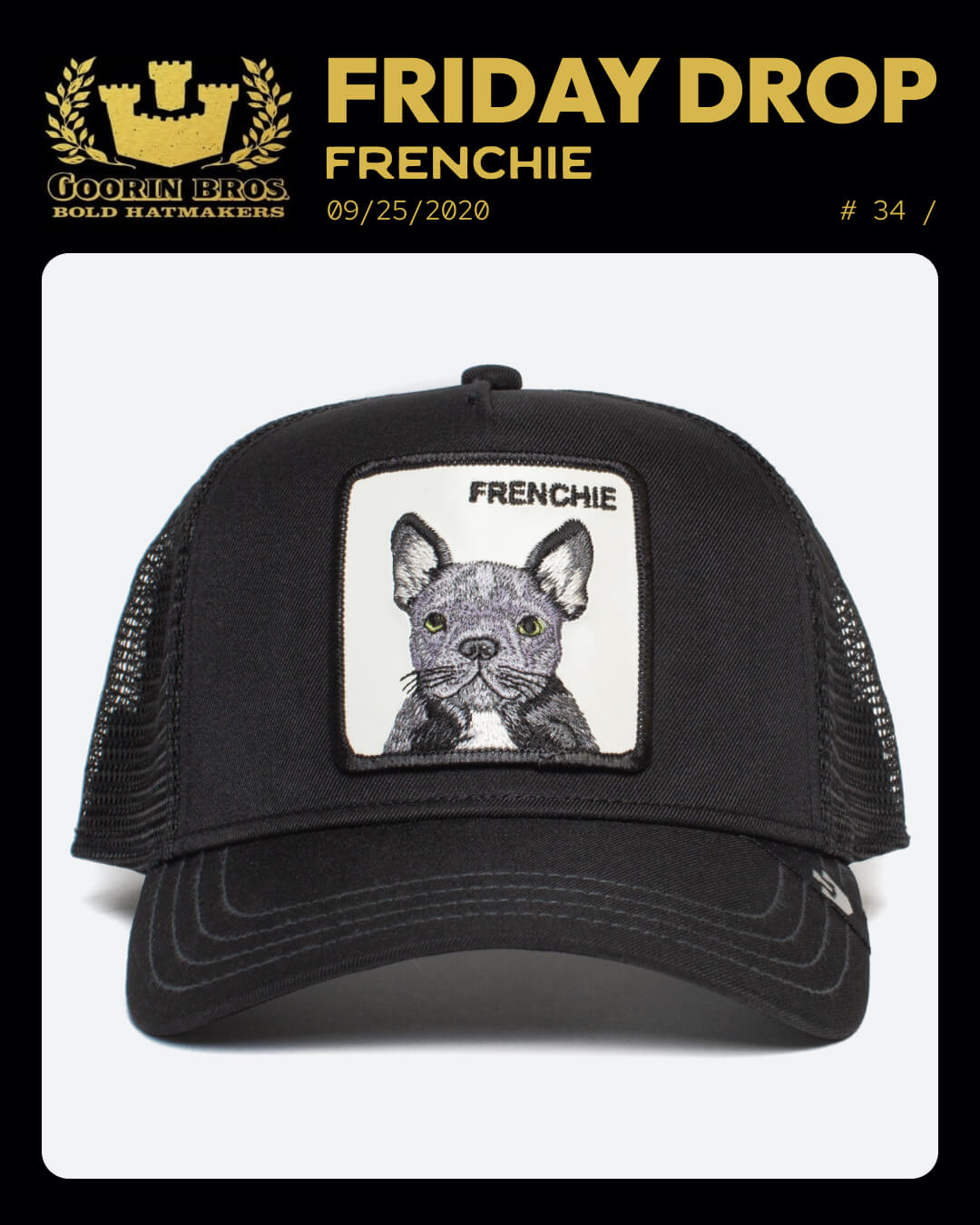 A black mesh trucker hat from Goorin with a front patch featuring an embroidered French Bulldog and the word FRENCHIE above it—perfect for fans of bold hat designs.