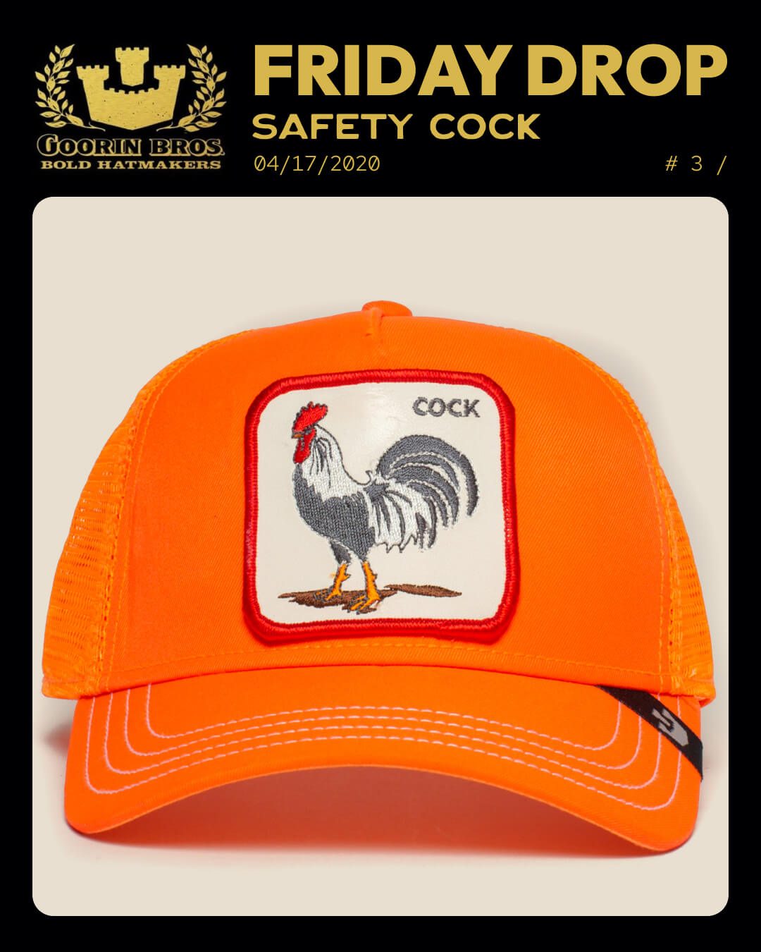 A bright orange Goorin trucker hat with a white patch featuring an embroidered rooster and the word COCK in the upper right corner.