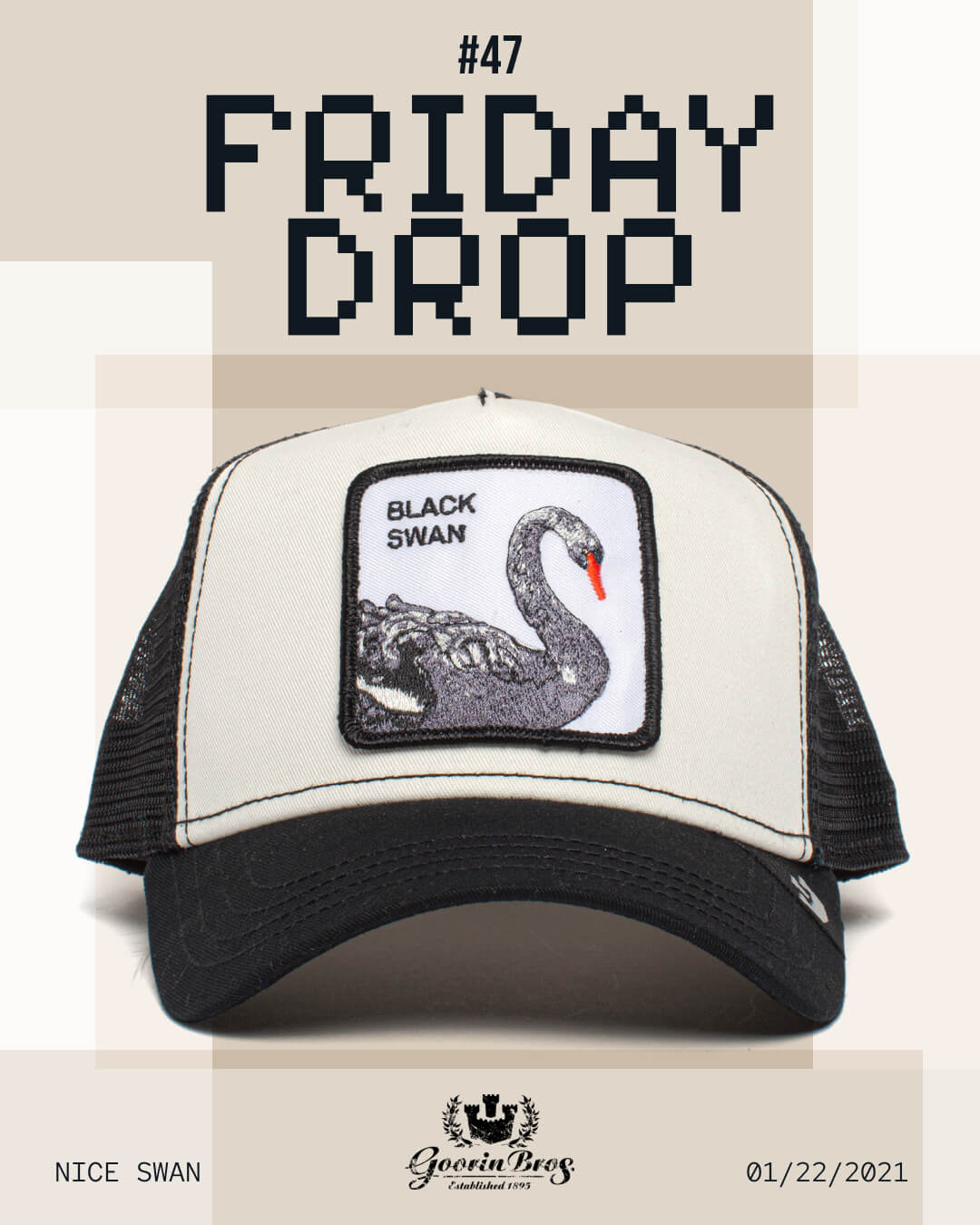 A white and black mesh trucker hat with a Black Swan patch on the front, displayed under bold text reading Friday Drop #47. Explore our collection of American made trucker hats for timeless style.