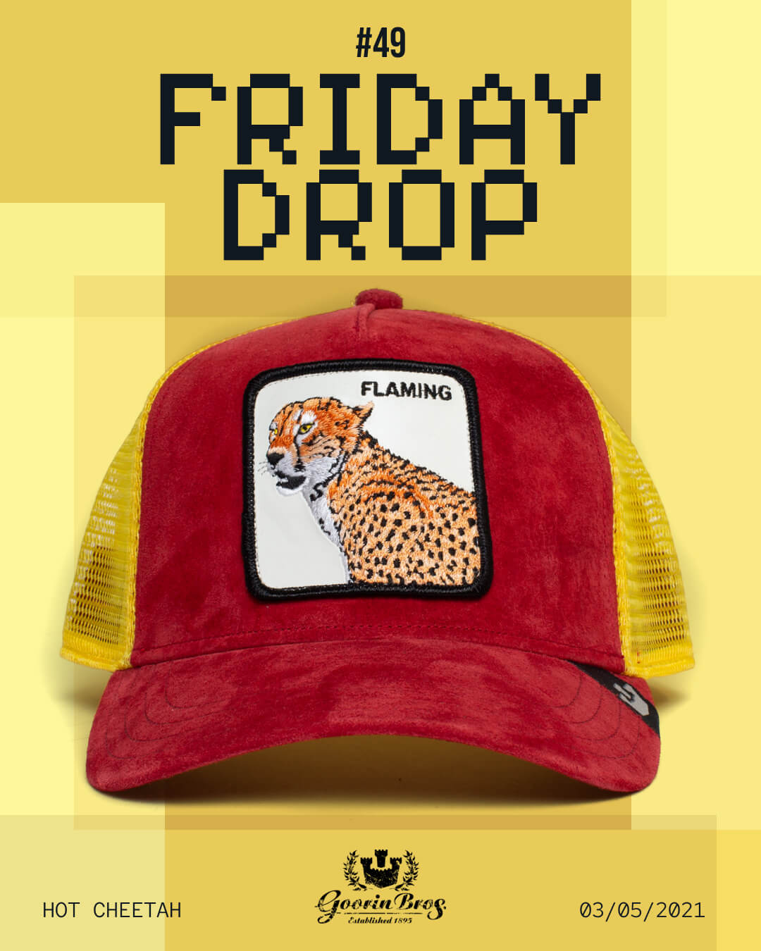A red and yellow trucker hat featuring a cheetah patch labeled FLAMING is displayed under FRIDAY DROP #49, showcasing bold hat designs for those seeking standout, durable hats.