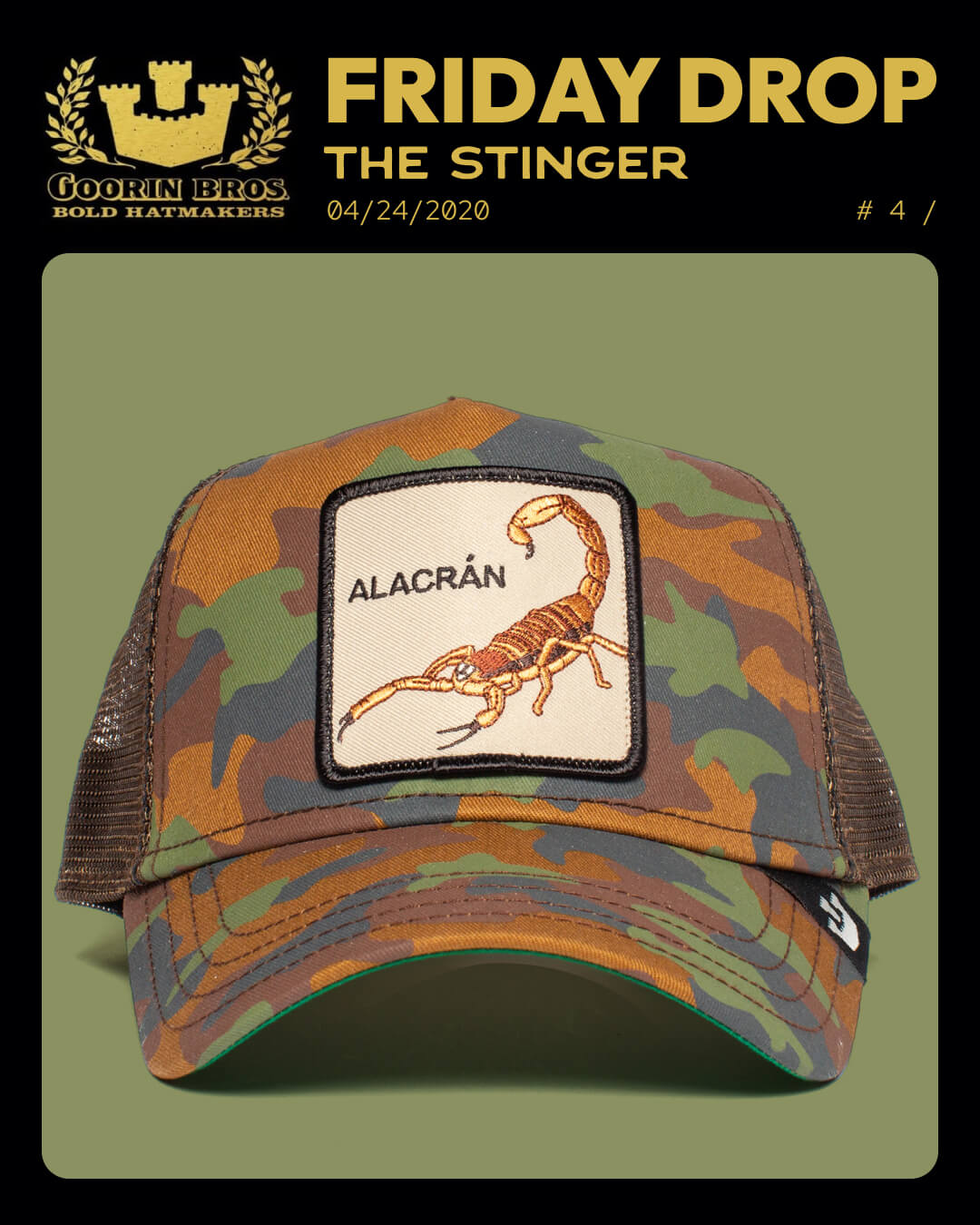 A camouflage trucker hat with a mesh back features a front patch embroidered with a scorpion and the word ALACRÁN, combining classic trucker hats style with durable hats construction.