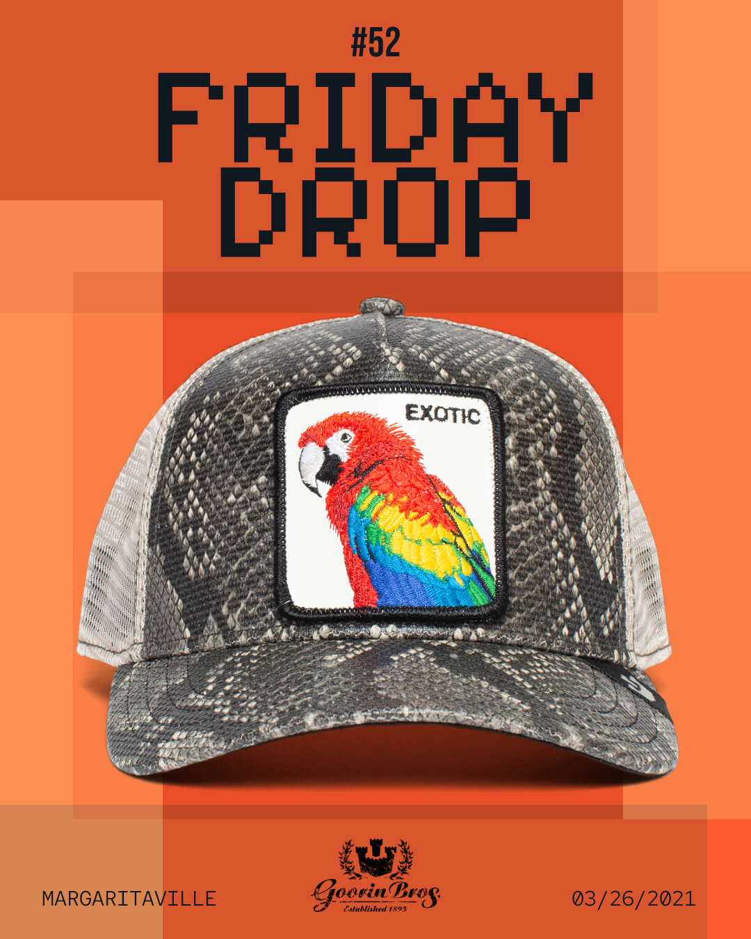 A bold hat design featuring a parrot perched on top, this piece captures the playful spirit of Goorin trucker hats.