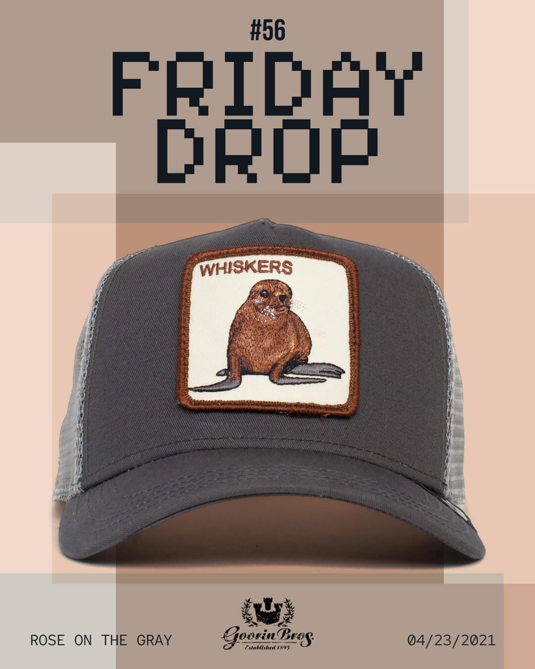 A gray mesh baseball cap from Goorin with a patch featuring a seal and the word Whiskers on the front, shown against a geometric background—perfect for fans of bold hat designs.