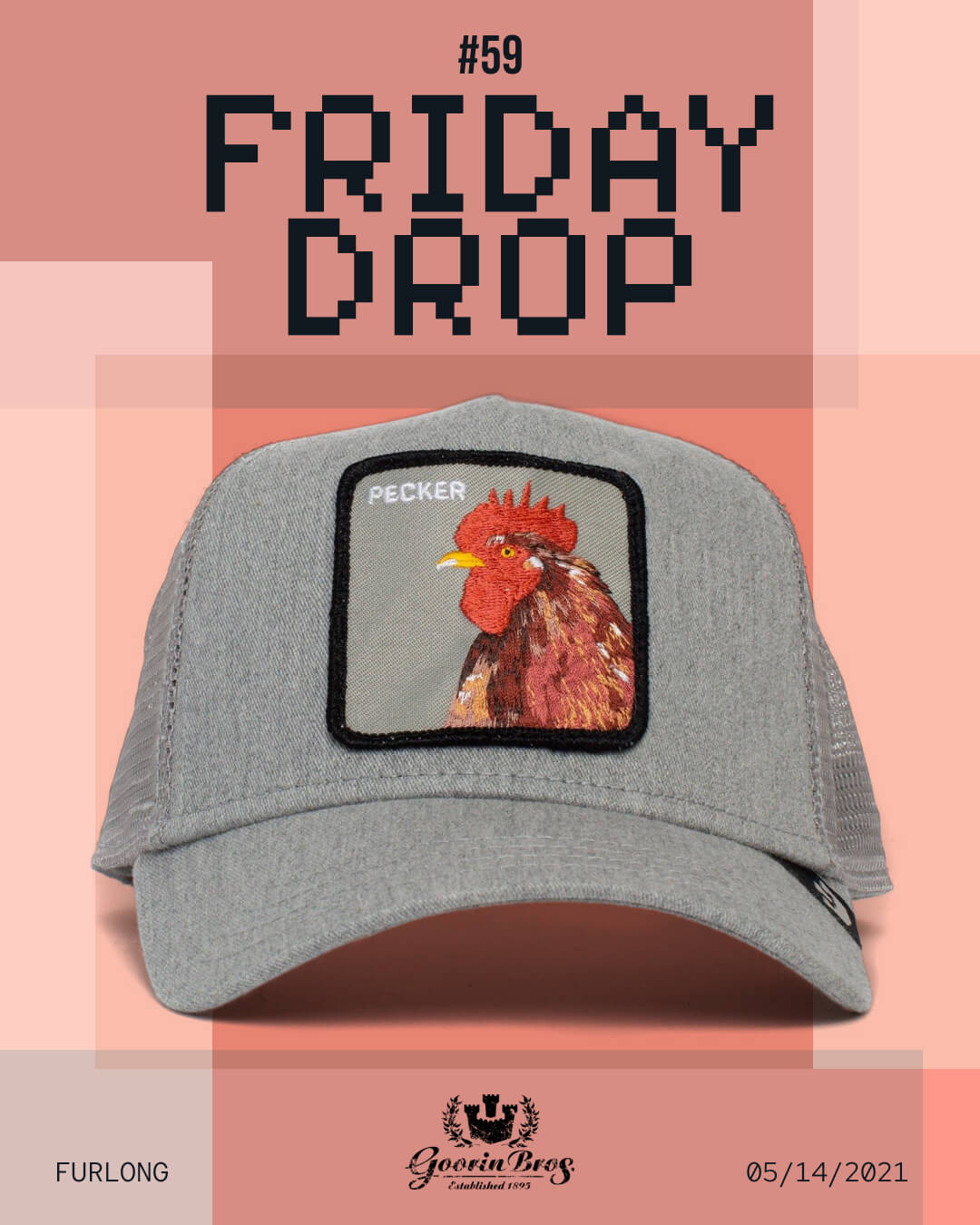 A gray baseball cap featuring an embroidered patch of a rooster labeled PECKER is displayed against a geometric pink background with the text FRIDAY DROP above it—a bold hat design perfect for fans of trucker hats.