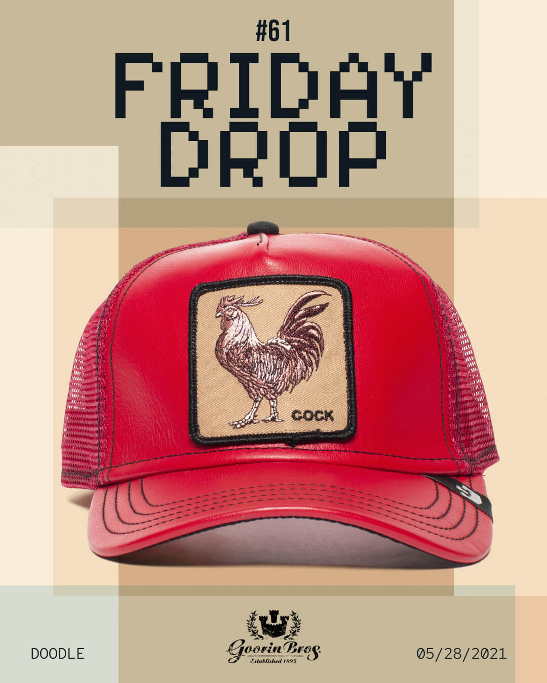 A red mesh trucker hat featuring a rooster patch and the word “COCK,” shown beneath pixelated FRIDAY DROP text dated 05/28/2021—a playful nod to bold hat designs for those who love standing out.
