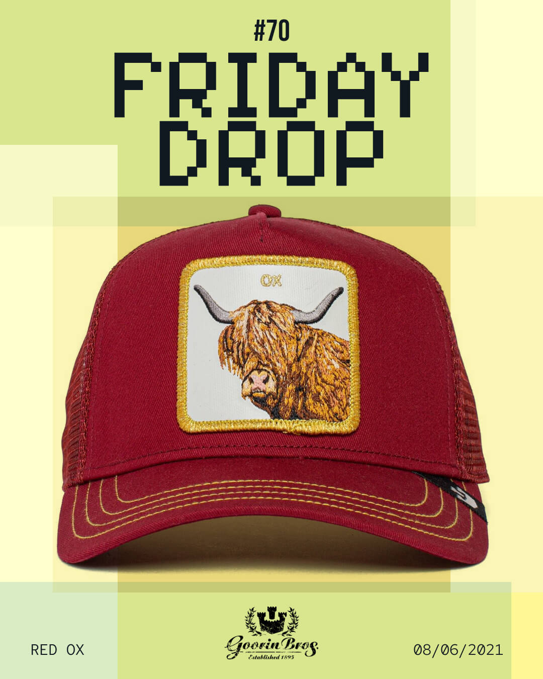 A maroon Goorin trucker hat with a patch featuring an embroidered ox head, displayed against a green and yellow background with text highlighting a Friday Drop—perfect for fans of bold hat designs.