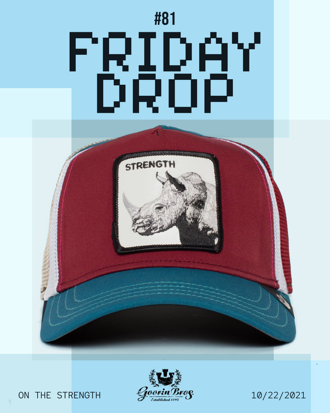 A red and blue trucker hat with a rhino and the word Strength on the front, displayed under text reading #81 Friday Drop. Crafted for those who appreciate durable hats in everyday adventures.