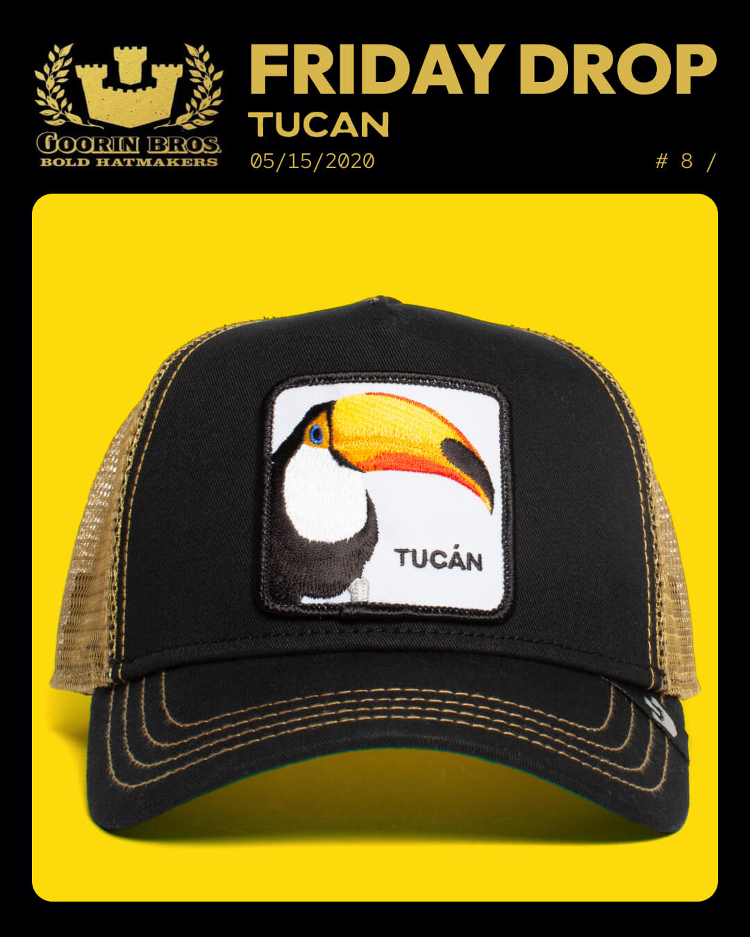 A black and tan trucker hat with a patch featuring an illustrated toucan and the word TUCAN on the front, displayed against a yellow background—a standout choice for fans of bold hat designs.